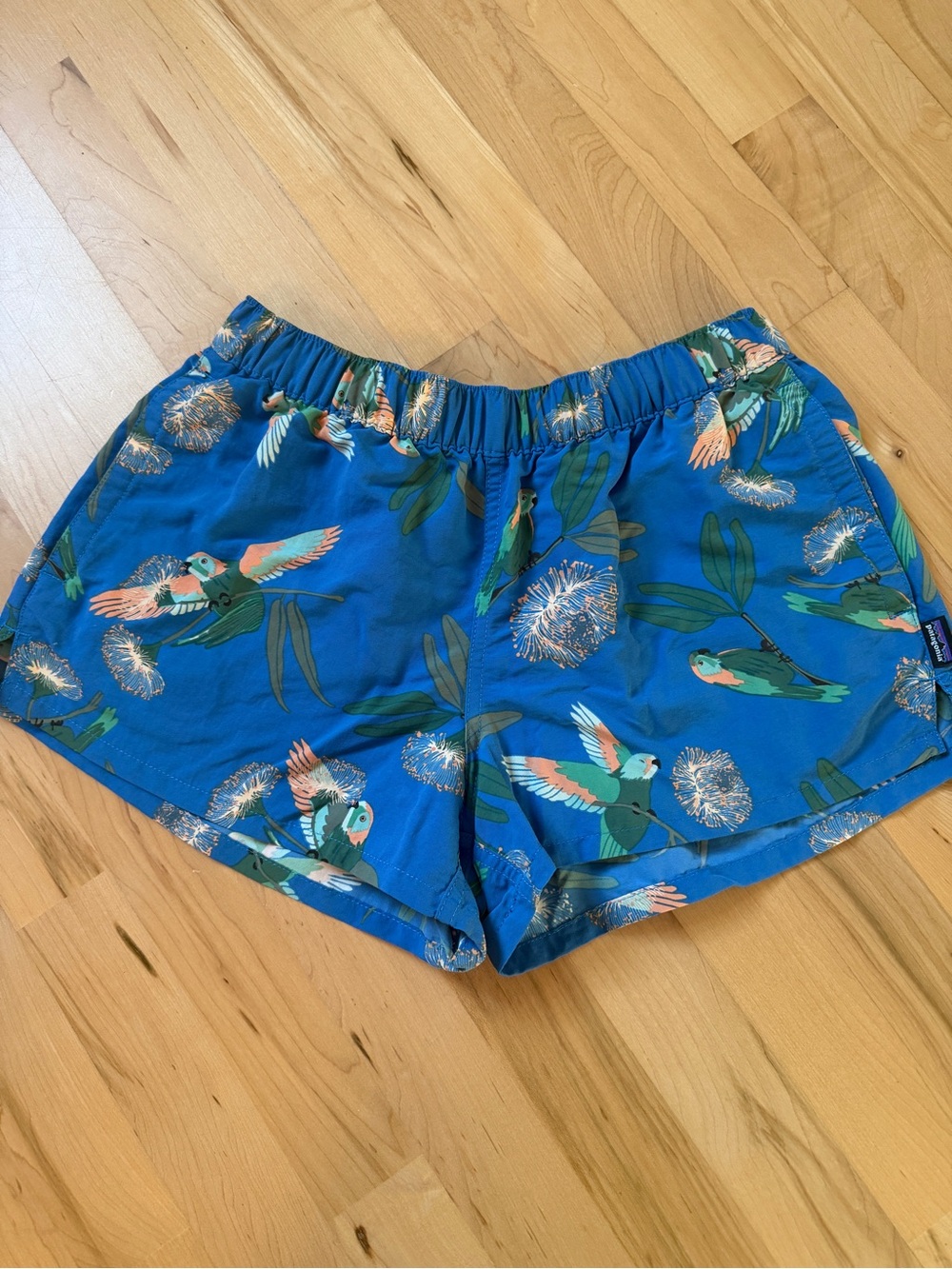 Patagonia Blue Tropical Parrot Print Women's baggies shorts